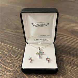 Kids Cubic Zirconia Cross Necklace And Earrings Jewelry Set